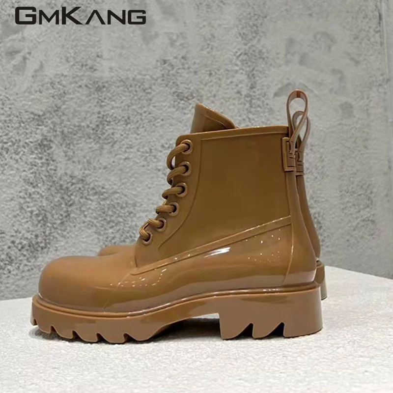 Runway Jelly Shoes Women Rubber Waterproof Rain Shoes Woman Round Toe Lace Up Flat Short Boots Lady Candy Color Rain Boots Women