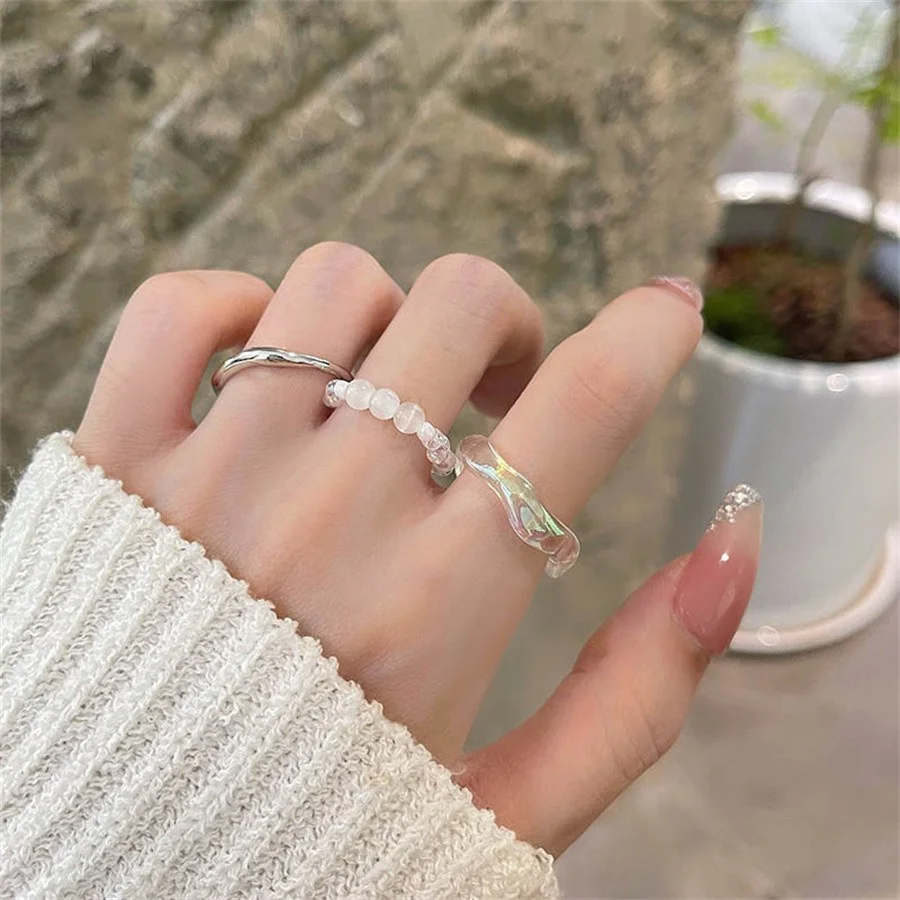

Korean Colorful Transparent Resin Beads Acrylic Rings Set for Women Trendy Geometric Irregular Metal Round Ring Wedding Jewelry
