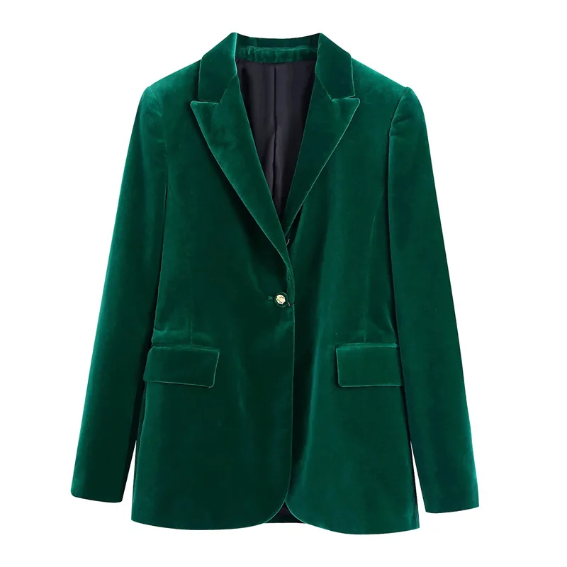Elegant Velvet Women Blazer Za Fashion Office Wear Buttons-Up Long Sleeve Pockets Vintage Blazer Green Female Outfitt