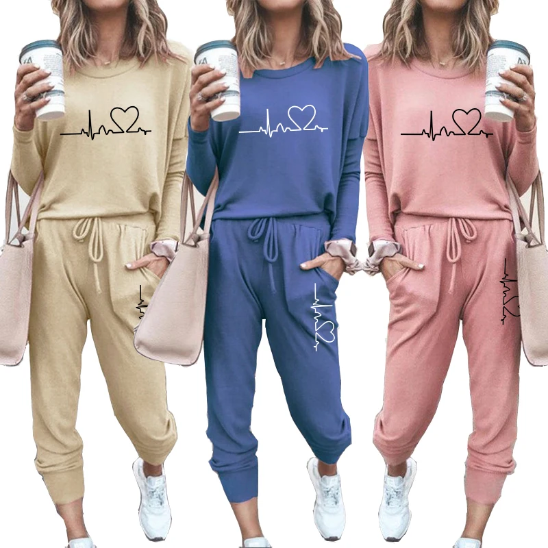 

Women Sweatshirt Hoody Set Ladies Hooded Heartbeat Printed Casual Pullovers + Sweatpants Yoga Long Sleeve Suits Sportswear Cloth
