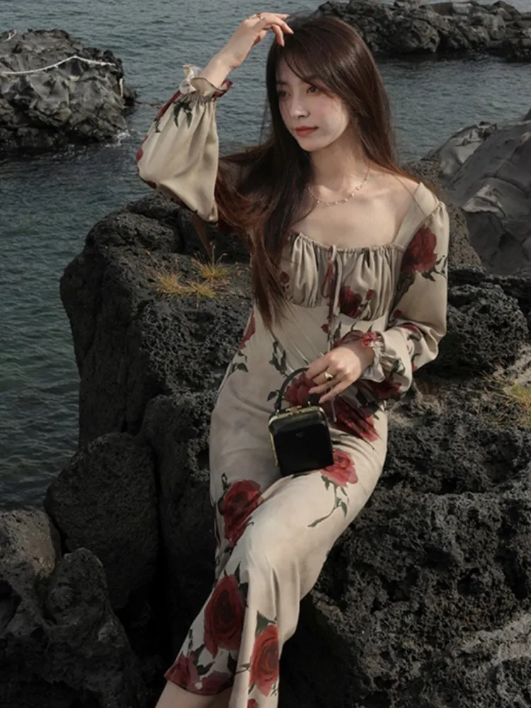 Женское вечернее платье с цветочным принтом элегантное цельное