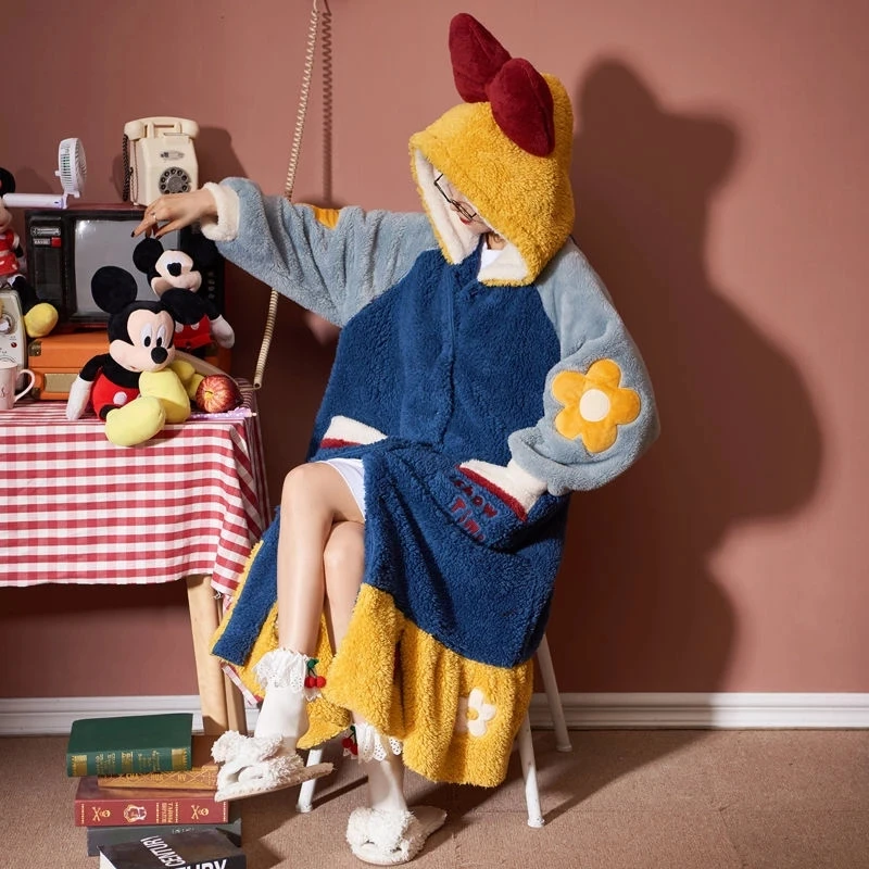 Women Nightgown Winter Flannel Sweet Hooded Sleepshirts Female Warm Cute Pajamas Casual Loose Sleepwear Cozy Thicken Soft Robes