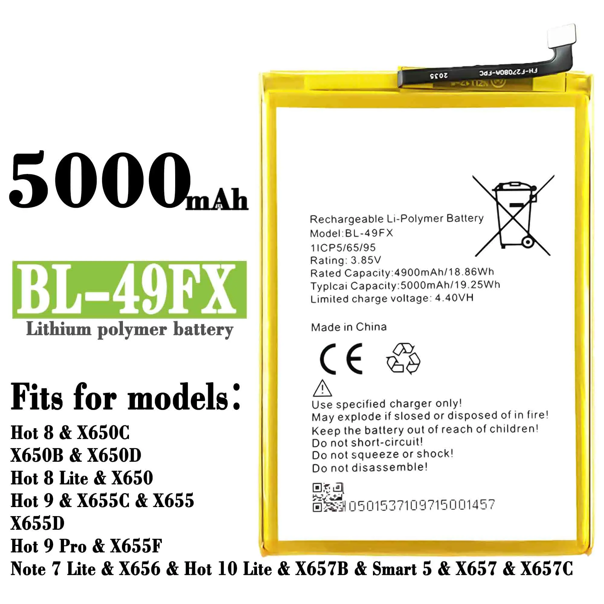 Compatible For  infinix / Hot 8/X650/X650B/Hot 9/X655(X656/Note7 LITE )/Spark 5 Pro  BL-49FX 5000mAh Phone Battery Series