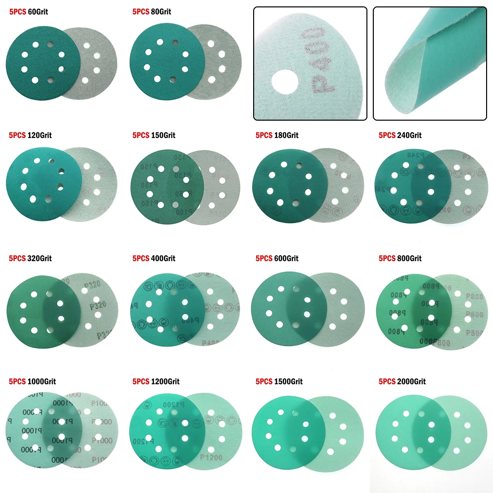 

5Inch 8Hole Sanding Discs Hook & Loop Wet Dry PET Film Green Sandpaper For Metal Wood Rubber Polishing Abrasive Tools