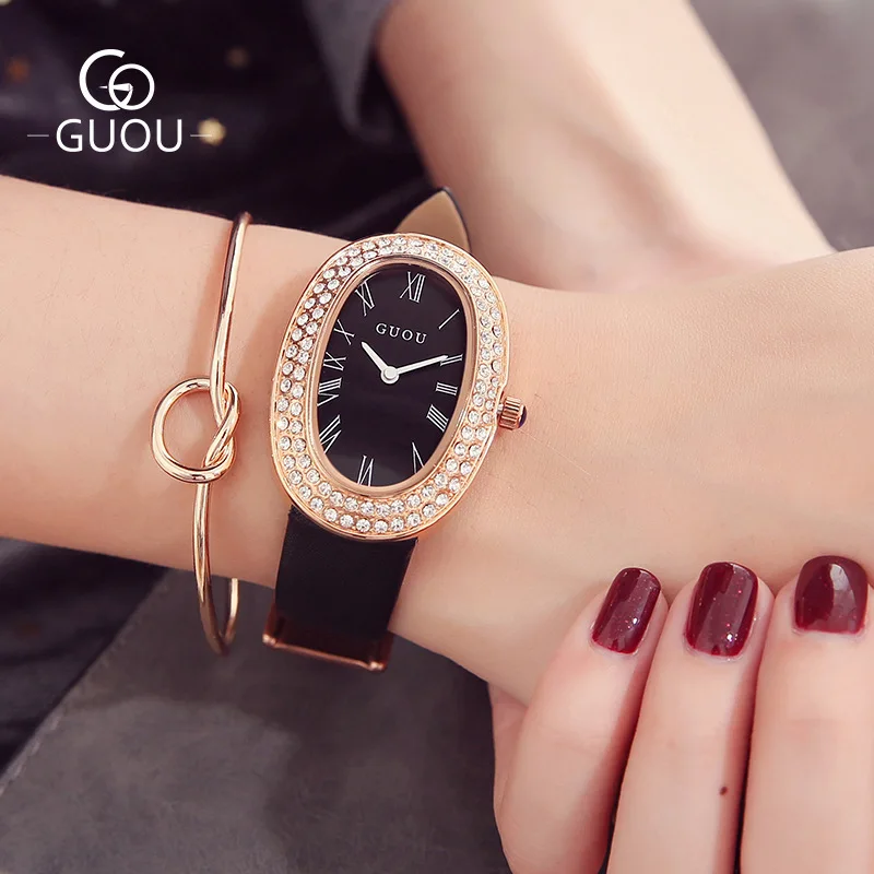 

GUOU Brand High Quality Women Bathtub Shaped Dial Quartz Watch Roman Numerals Female Luxury Wristwatch Ladies Diamond Oval Clock