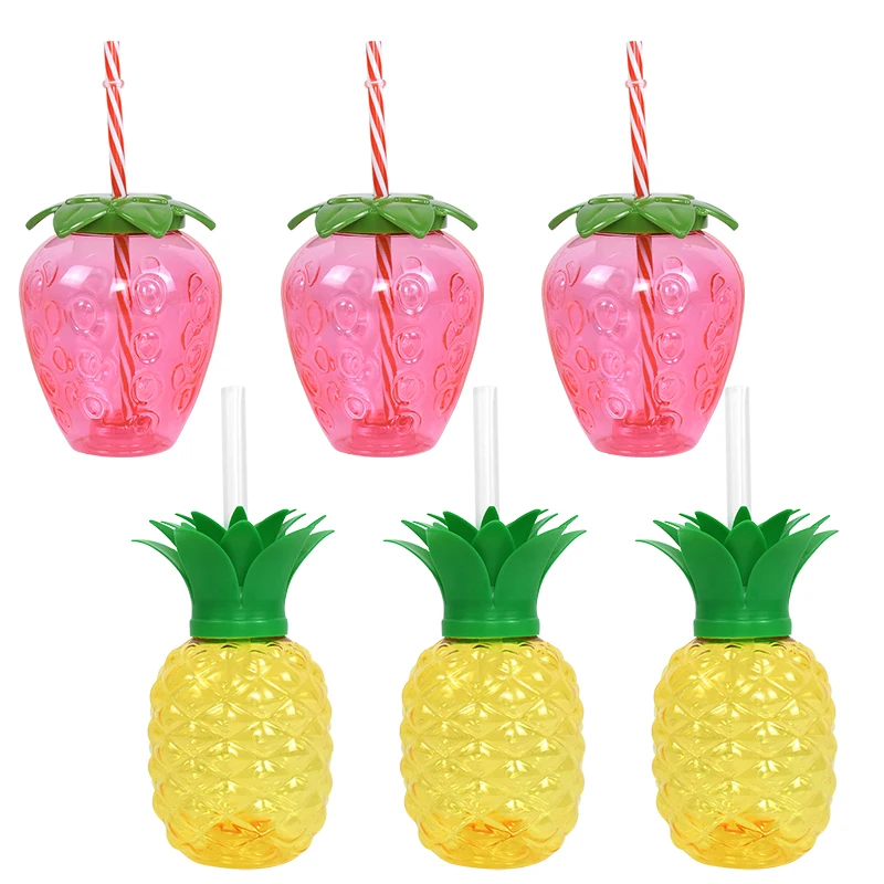 

Hawaiian Tropical Party Pineapple Strawberry Water Cup Fruit Shape Plastic Straw Cups Summer Wedding Birthday Party Drinking Cup