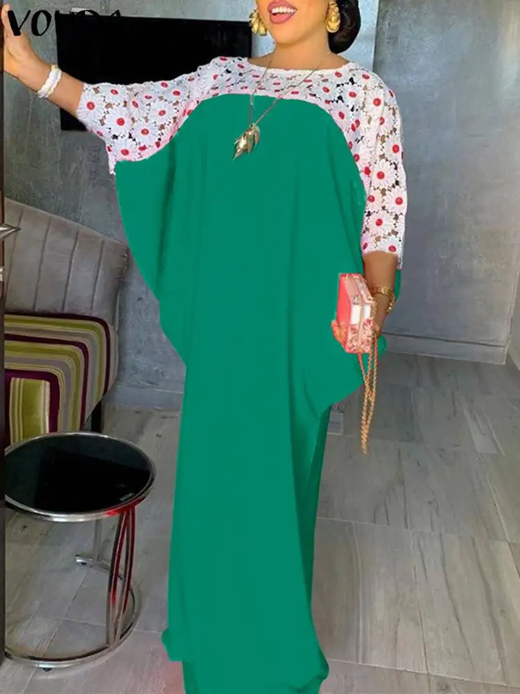 

VONDA Summer Long Maxi Dress 2023 Bohemian Dresses Women Bat Sleeve Casual Lace Patchwork Pleated Sundress Vintage Party Robe