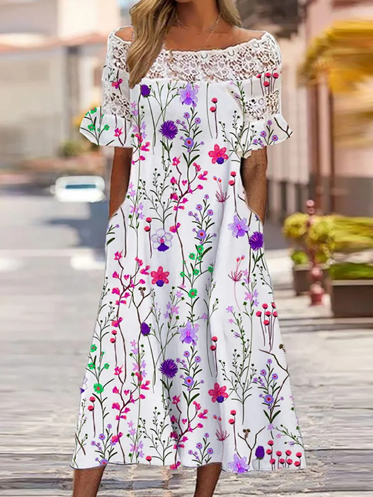 

Женское летнее платье с коротким рукавом-бабочкой, свободное платье с принтом, вырезом лодочкой, кружевное лоскутное женское платье, уличная одежда, Прямая поставка