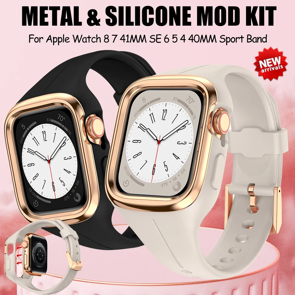 

Silicone Strap Mod Kit For Apple Watch 8 7 41mm 40mm Metal Frame Protective Case For iWatch Series SE 6 5 4 Woman Sport Bracelet