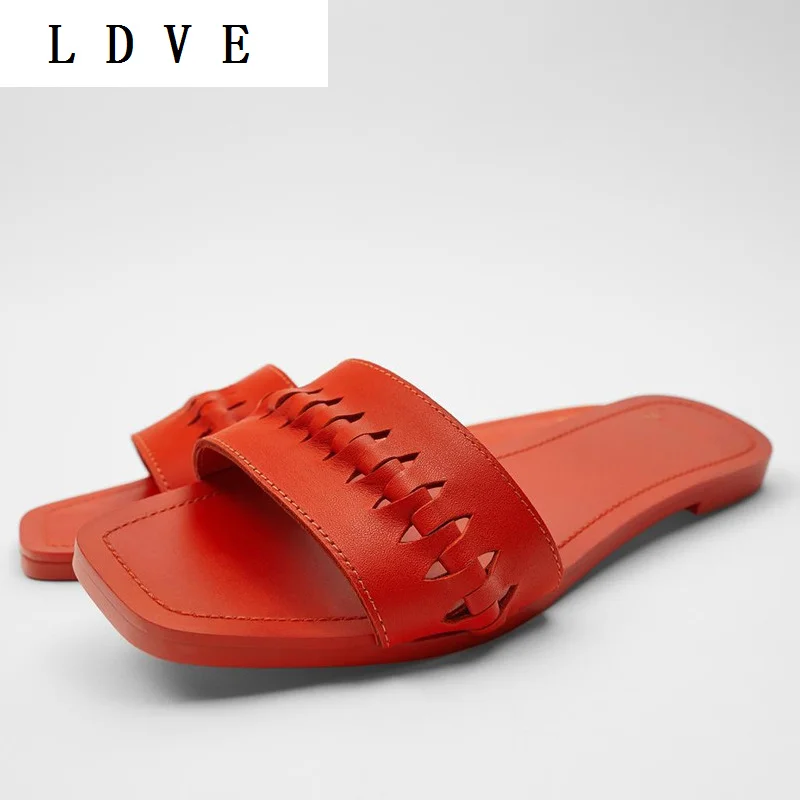 

shoes Women's Orange cow leather Genuine Leather Square head Weave Flat sandals