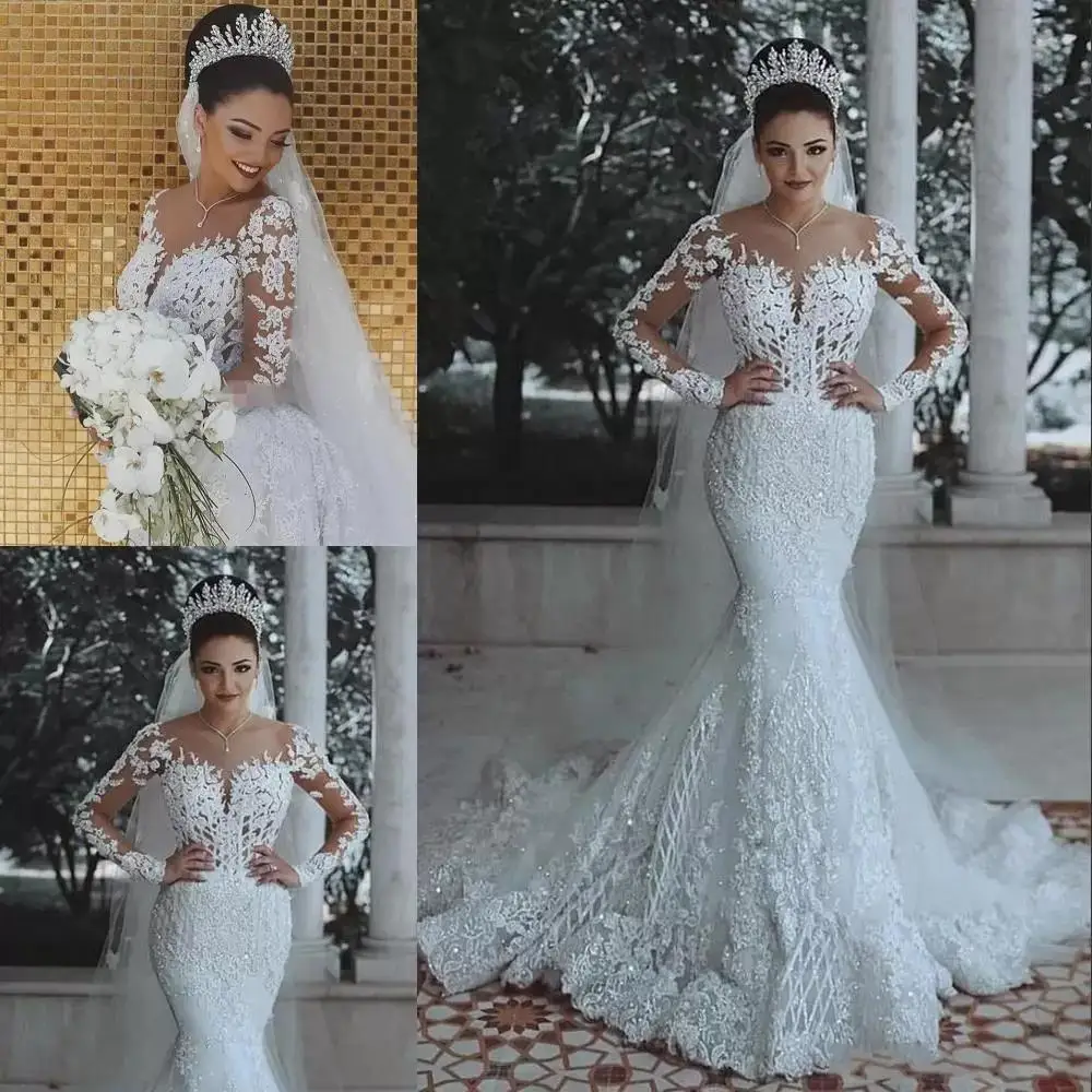 

Long Sleeve Mermaid Sequined Sheer Neck Lace Appliqued Trumpet Wedding Dress Sweep Train Country Bridal Gown