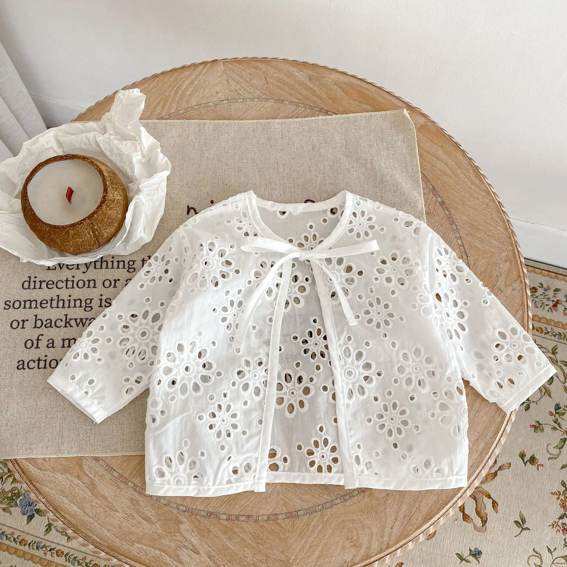 2023 Korean Summer Baby Girl Cardigan Coat Embroidery Hollow Lace Long Sleeve Infant Girl Jacket Top Summer Toddler Girl Clothes