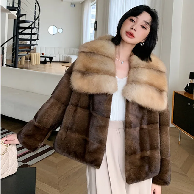 

Real Imported Velvet Mink Fur Coats Natural Sable Fur Large Collar Warm Jackets Women Female Short Outerwear 2023 New Fashion