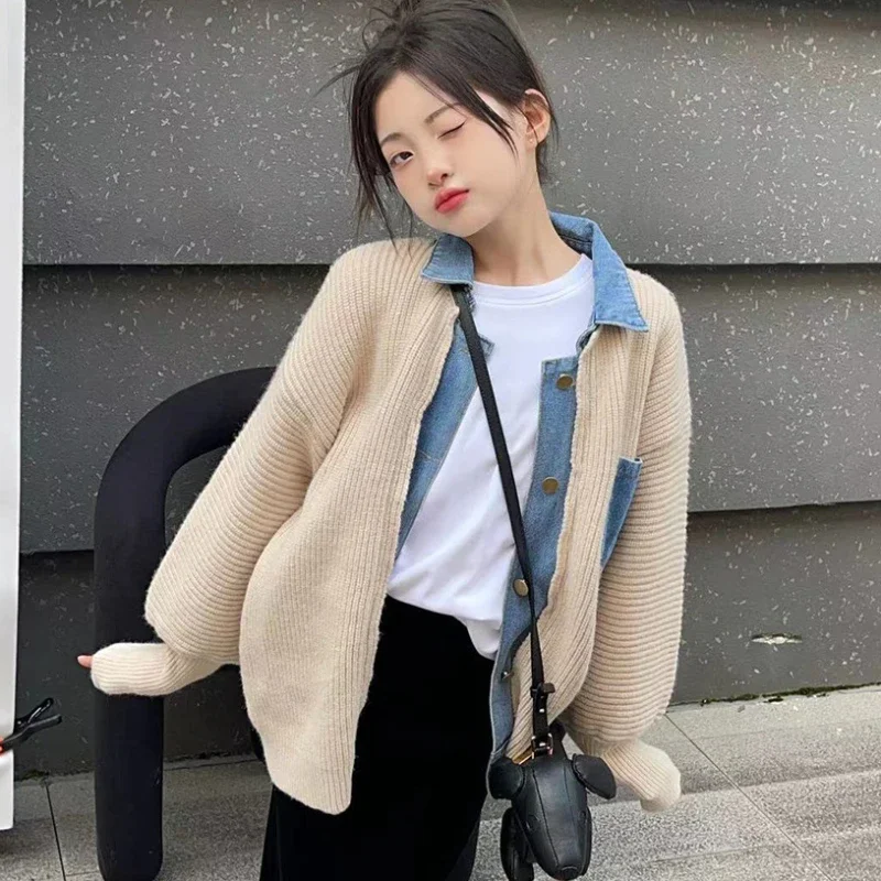 

spring teen Girl Clothes Denim Patchwork Knitted Sweater Cardigans Kids Casual All-match coat Child baby Tops Outerwear