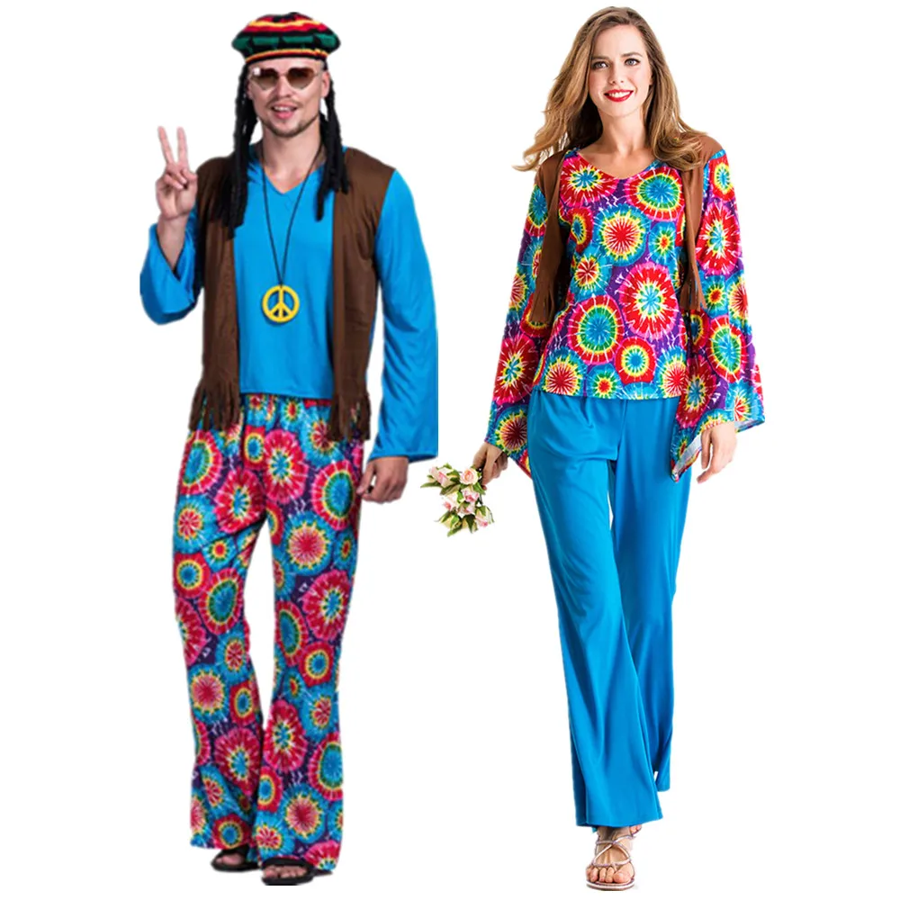 

Couples Vintage Hippie Cosplay Costumes Set Carnival Halloween Purim Party Retro 60s 70s Hippie Love Peace Outfits Male Women