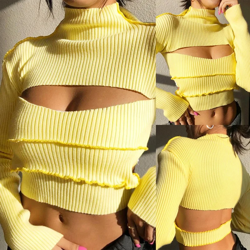 

2000S Streetwear Ruffles Knitted Ribbed Pullovers Y2K Fashion Hollow Out Turtleneck Long Sleeve Sweater Vintage