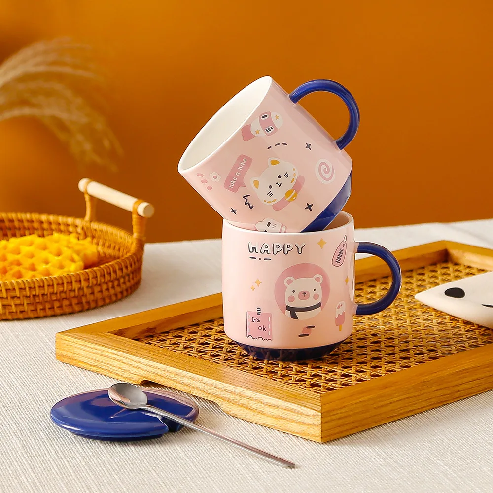 

Pink Pet Mug Cartoon Pig Ceramic Water Bottle with Cover and Spoon Student Breakfast Milk Cup Couple Card Love Holiday Gift