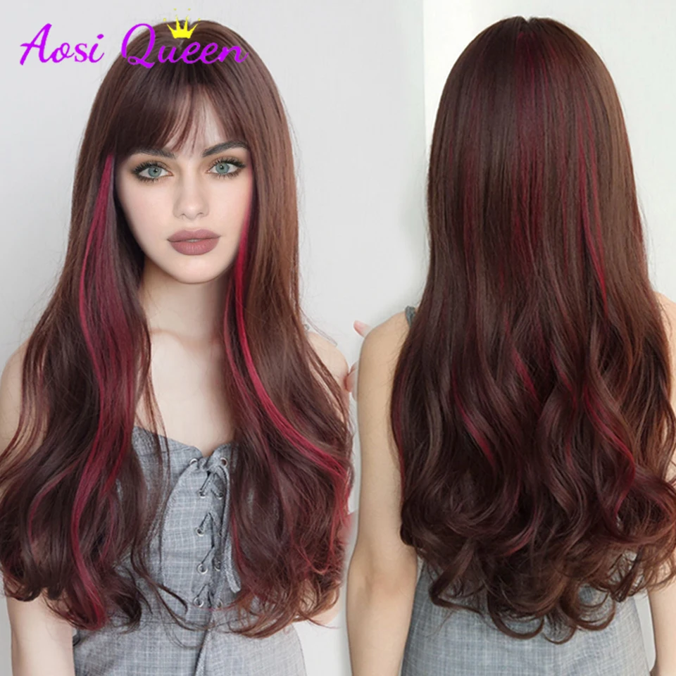 

AS Women Wig Heat-resistant Synthetic Wig Mid-length Hair With Bangs Cosplay chestnut mixed burgundy Long Straight Wigs