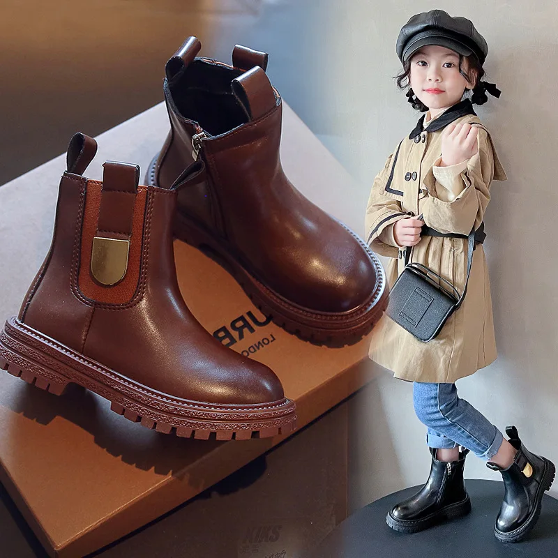 

Autumn Winter Children Fashion Boots Leather Non Slip Girls Chelsea Boots Soft Sewing Zip Short Kids Ankle Shoes Platform Boots
