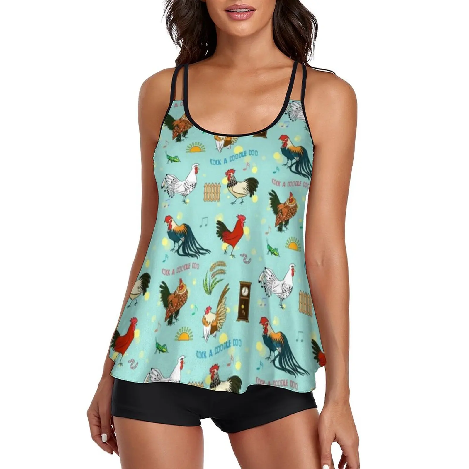 

Pretty Cartoon Chicken Swimsuit Cute Roosters Tankini Swimwear 2 Pieces Print Swimsuits Women Sexy Pool Fantasy Beach Wear