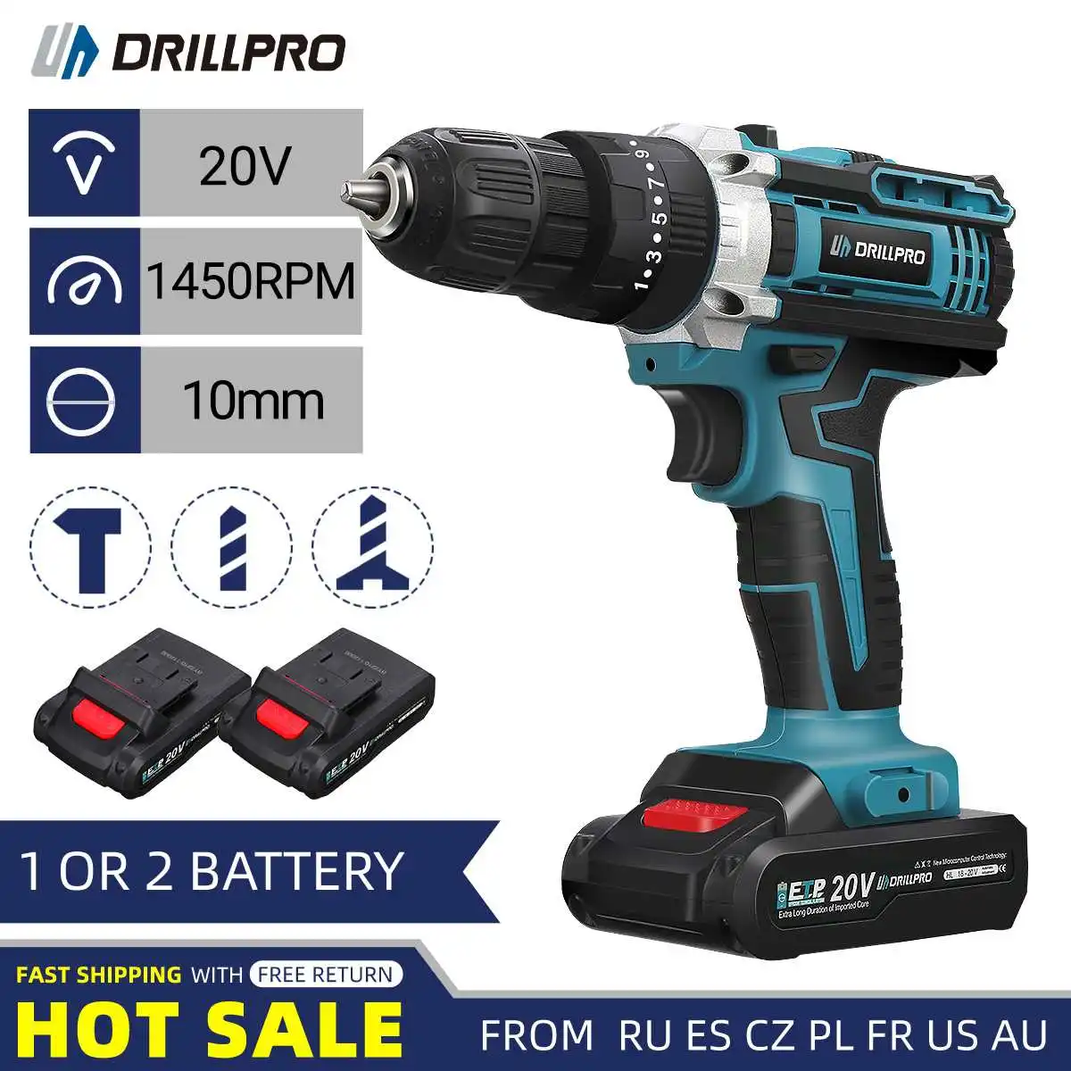 Шуруповерт Аккумуляторный Drillpro, 20 в, 2 скорости, 25 + 3 режима крутящего момента