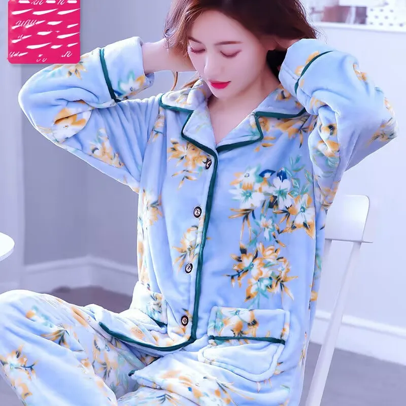 Winter Women's Pajamas Set Sexy Print Flower Pajamas 2020 Fashion Mom Casual Female Turn-down Collar Flannel Sleepwear