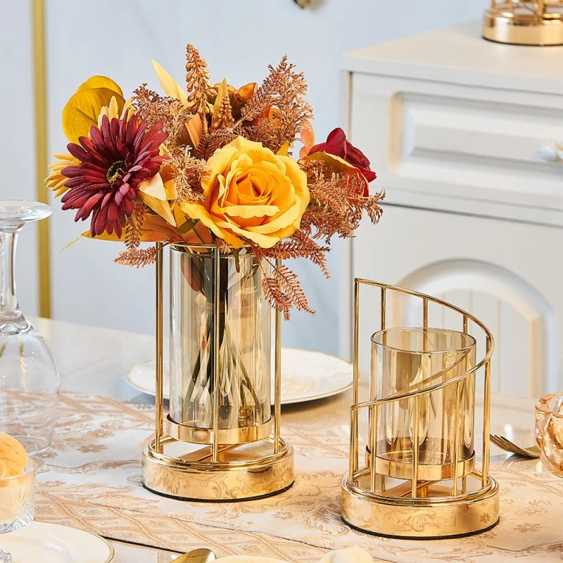 

European Golden Glass Vases Home Decoration Accessories Modern Advanced Metal Flower Vase Room Study Hallway Home Wedding Decor