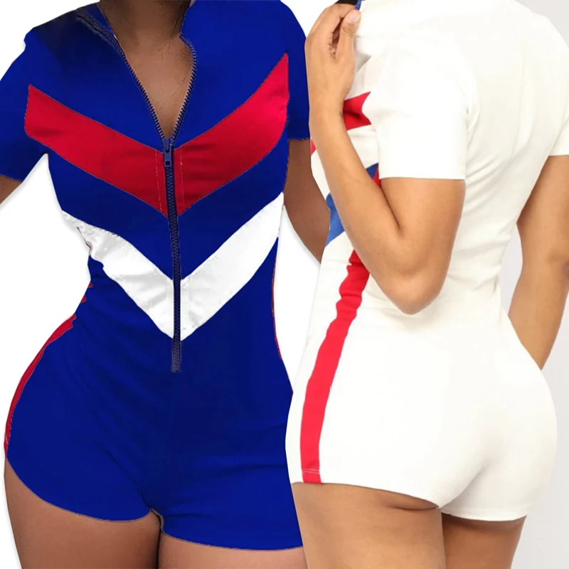 Women Sexy Zipper Short Sleeve Casual Skinny Jumpsuits 2023 Stitching Color Short Bodysuit Playsuit Sport Rompers Sexy Female