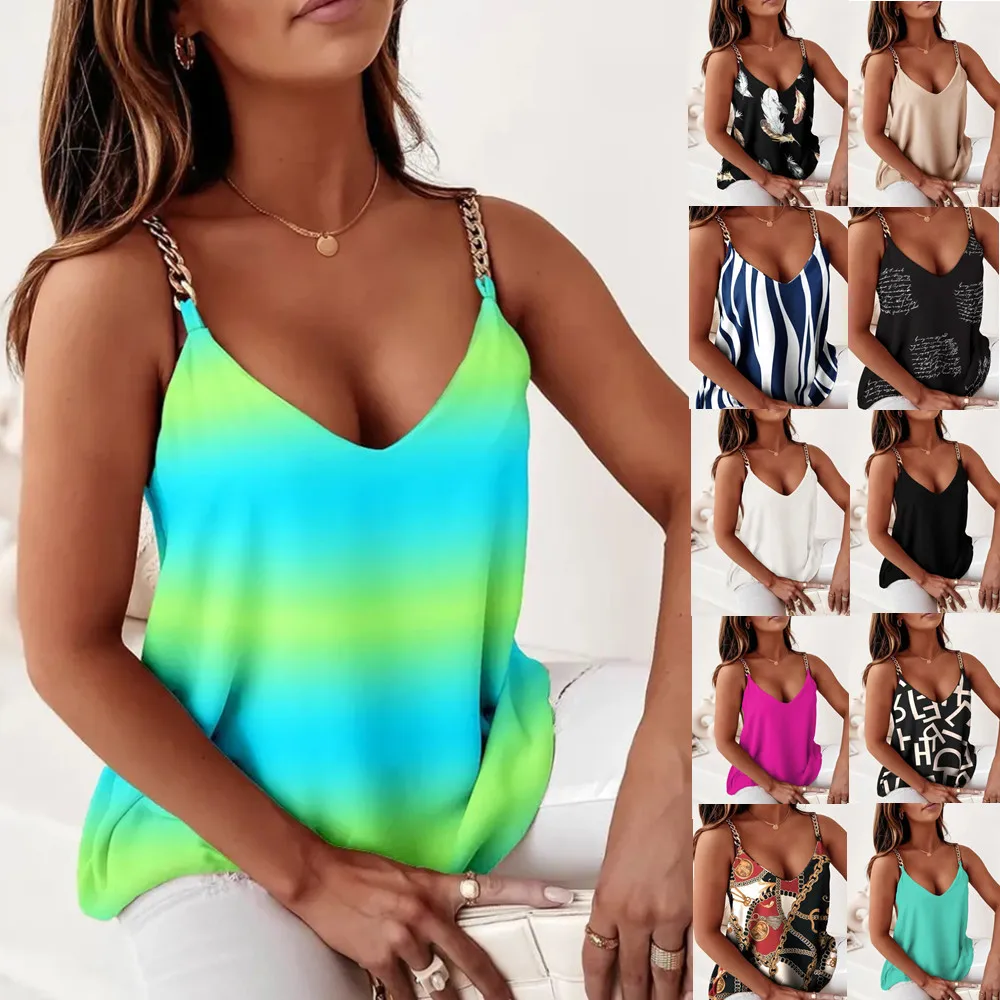 

Summer Simple Sleeveless Chain Strap Printed Vest Top Women