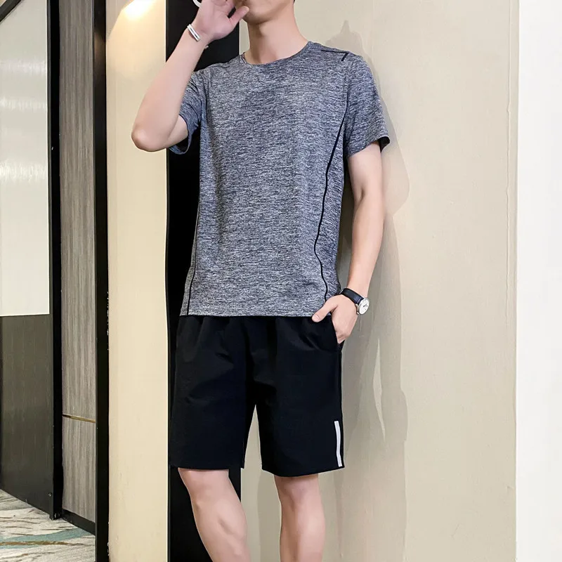 2023 Summer Short Sleeve Sports Set Men's Thin Ice Silk Quick Drying Breathable Morning Running Wear Casual Wear Two Piece Set