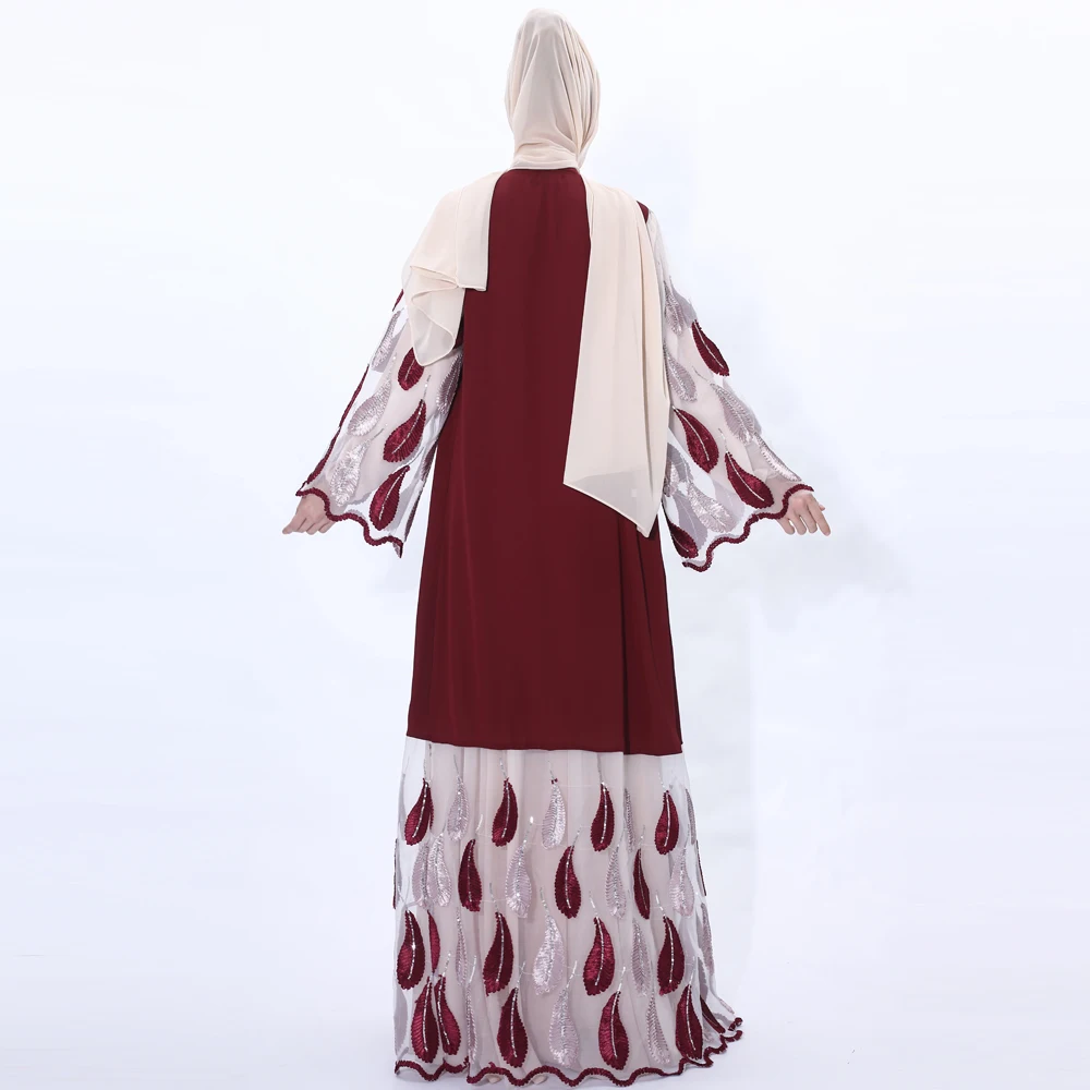 Elegant Fashion Abaya Kimono for Muslim Women Flare Sleeve Summer Skirt Maxi Embroidery Gauze Kimono Dress with Sash