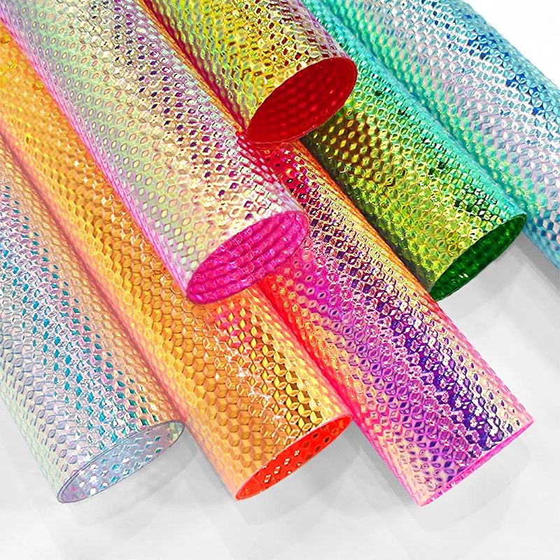

Diamond Bump Embossed PVC Fabric Iridescent Holographic Laser Rainbow Shiny Vinyl for DIY Bow Earring Making Craft Bag 46*135CM