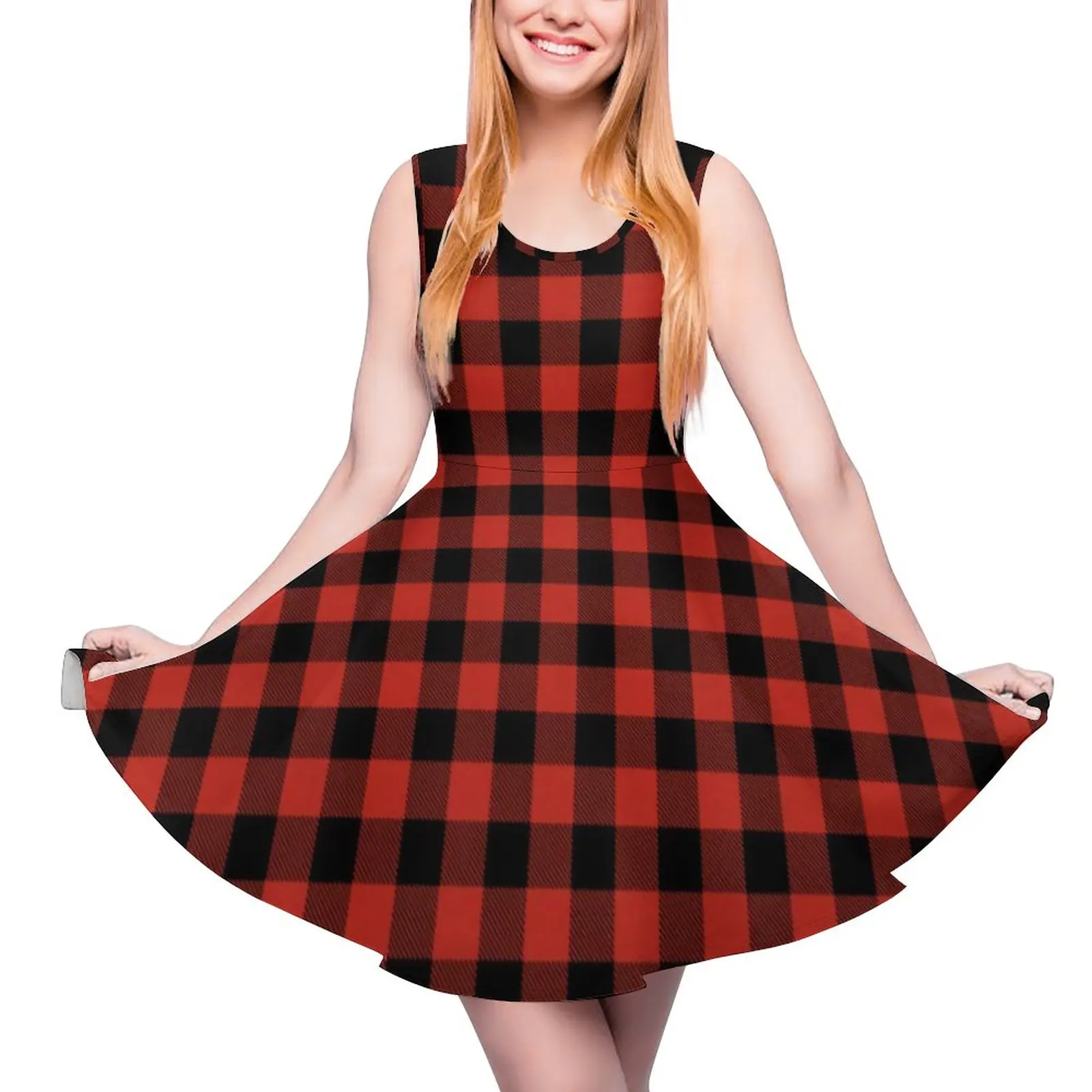 

Buffalo Plaid Dress Red And Black Check Boho Beach Dresses High Waist Street Style Oversized Skate Dress Female Pattern Vestido