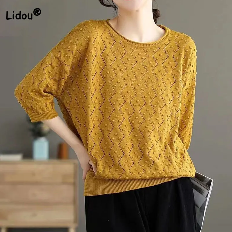 Женский Однотонный пуловер с полурукавами повседневный винтажный круглым