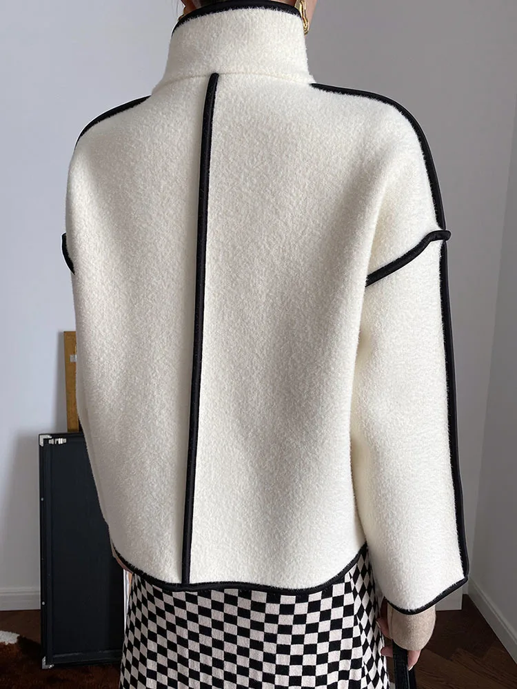 

Однобортное пальто с длинным рукавом, винтажные Осенние Топы, пальто из шерсти, контрастная замшевая куртка в стиле пэчворк, Женская куртка с воротником-стойкой