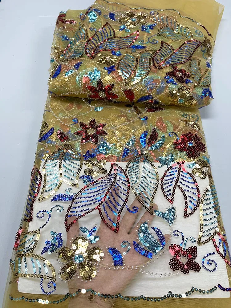 

Тяжелые бусины, Африканское кружево, блестки 2022, французская сетка, кружевная ткань, свадебная Высококачественная вышивка, 5 ярдов