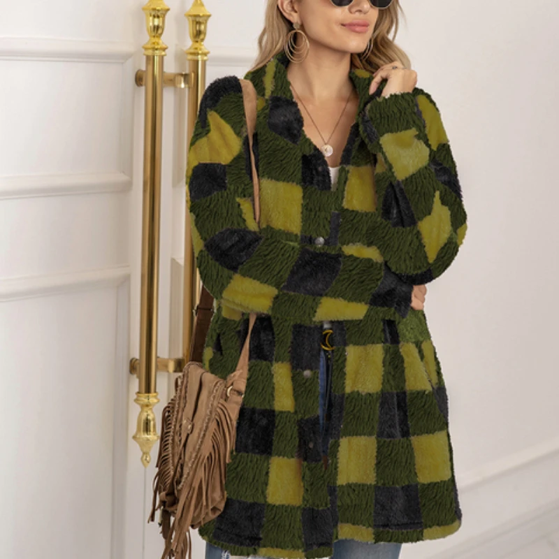 

Женское осенне-зимнее пальто в стиле ретро, теплая Свободная куртка в клетку, модное пальто, женская плюшевая Повседневная куртка с длинным ...