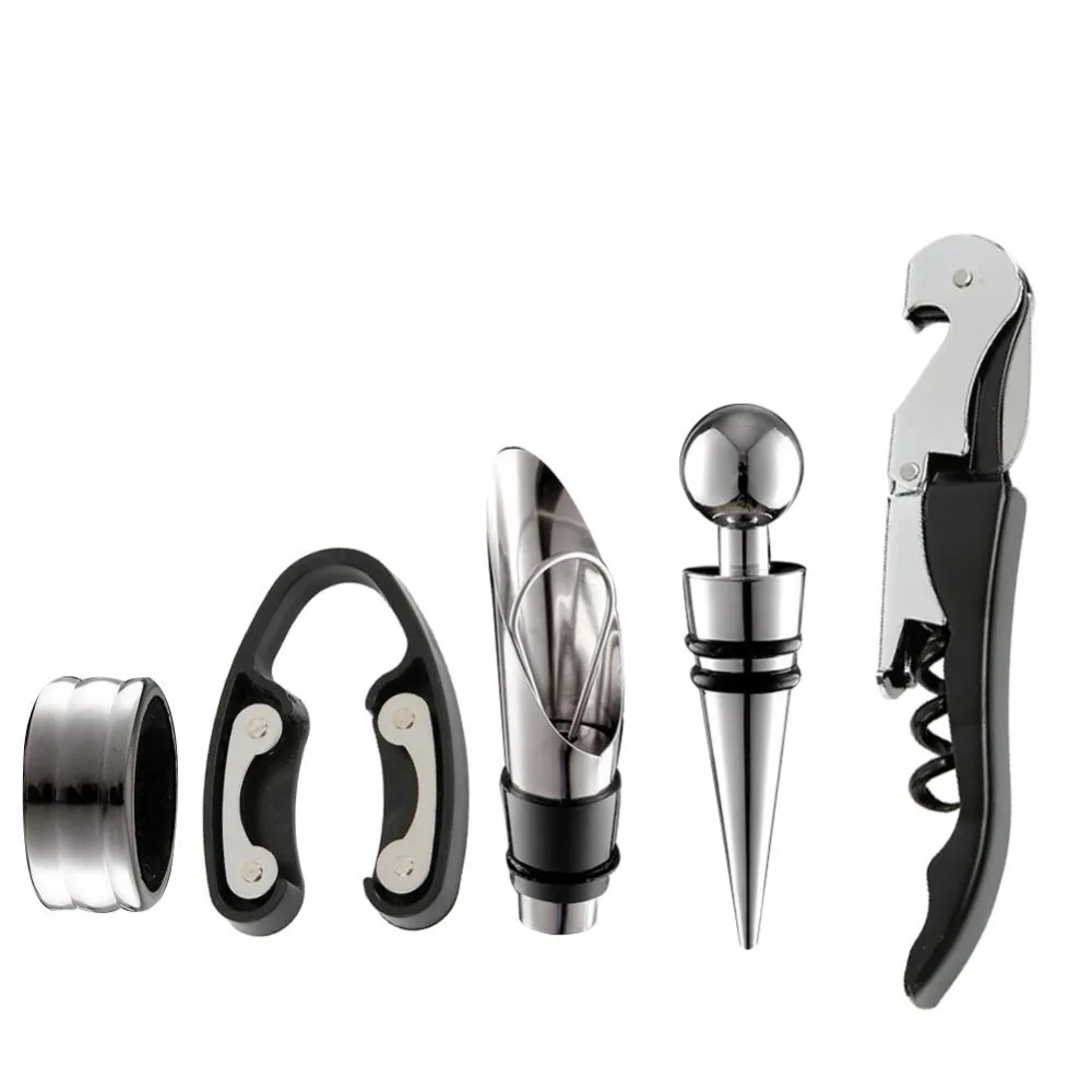 

5 Pcs Wine Opener Kit Set Stainless Steel Wine Opener Kit Pourer Wine Ring Wine Decanter Bottle Opener Cutter Bar Accessories