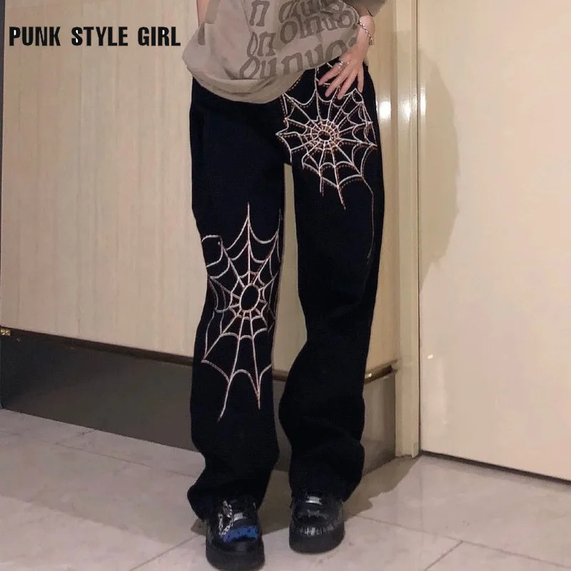 

Gothic Black Jeans Women Punk Loose Aesthetic Alt Harajuku Goth Casual Trousers Female Grunge Emo Spider Web Print Denim Pants