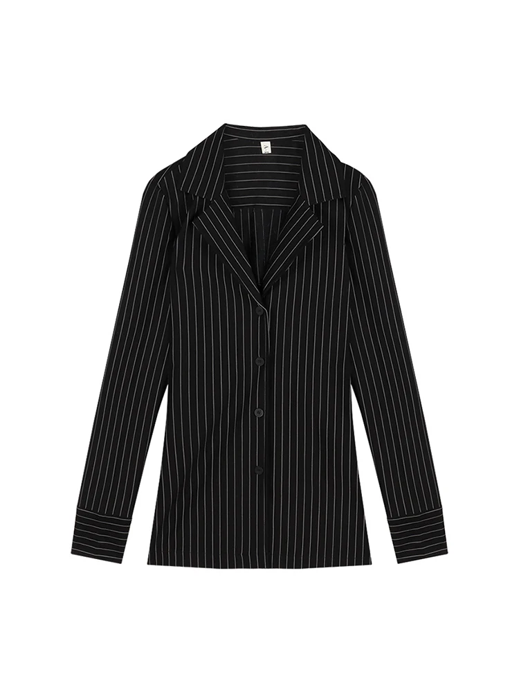 

Женская шифоновая блузка в полоску, свободная однобортная приталенная блузка с лацканами, черного цвета, в стиле ретро, осень 2022