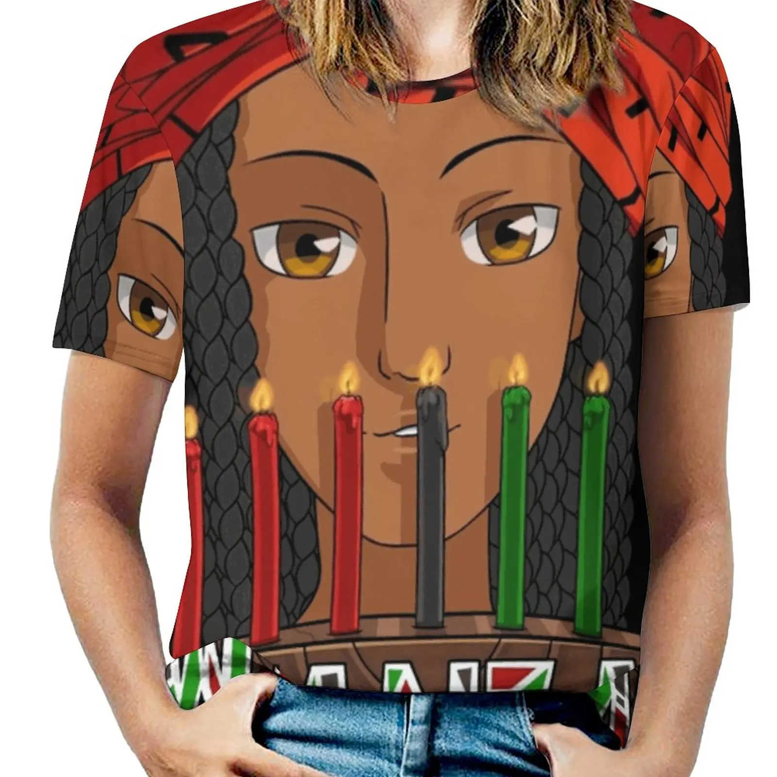 Kwanzaa Kinara Свечи Женская футболка с круглым вырезом Повседневные топы короткими