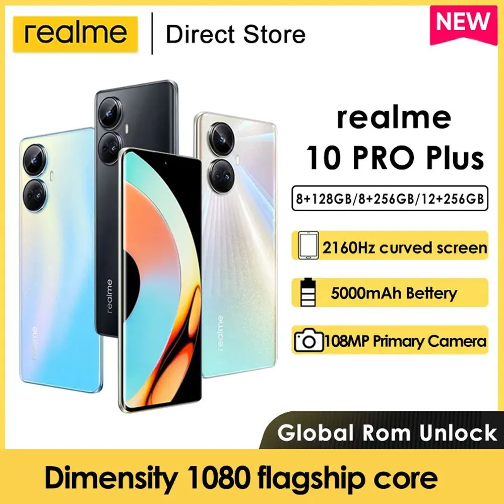 Realme 10 Pro Plus 5G Cellphone 6.7'' FHD+ Curved Screen Dim