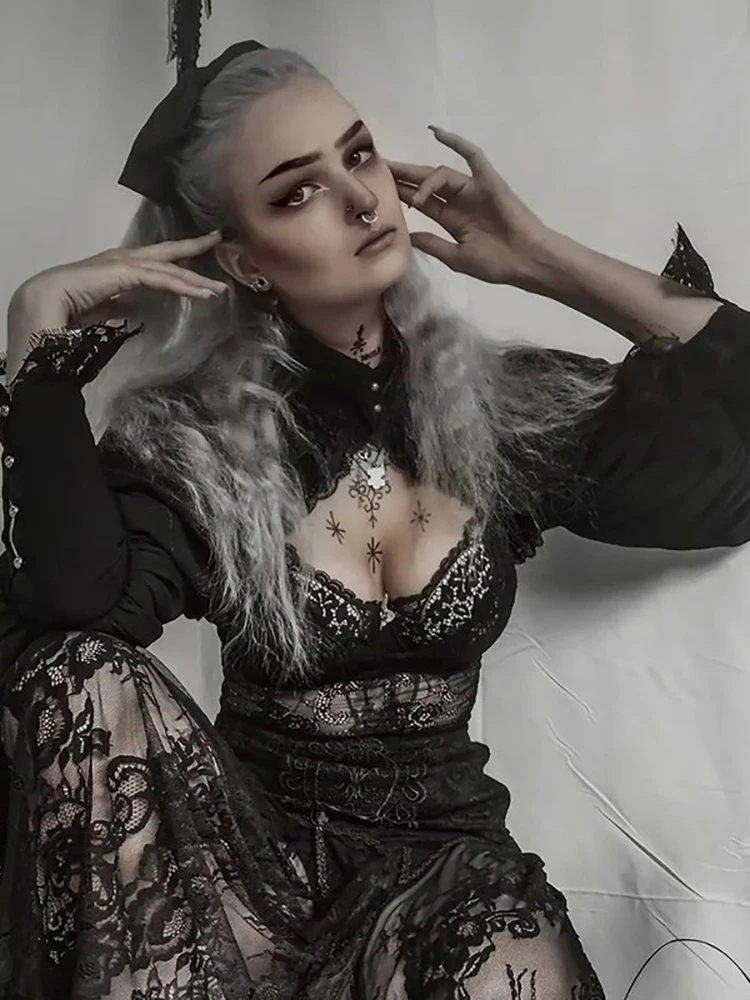 Женские винтажные Блузы кроп Goth Dark черные элегантные блузы с высоким воротником