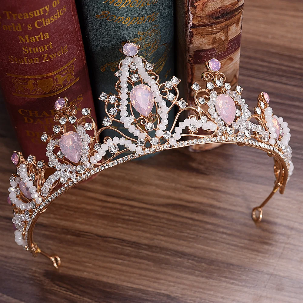 

Wedding Hair Accessories Bride Crown Gold Tiara Diadem Women Headbands Pink Crystal Hair Bands Jewelry Bridal Decoration Beads