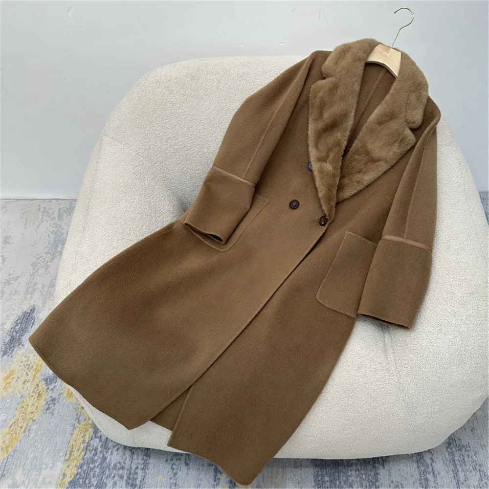 High End Double-Faced Cashmere Coat For Women 2024 Autumn and Winter Loose Mink Fur Collar Over-Knee Long Wool Outerwear