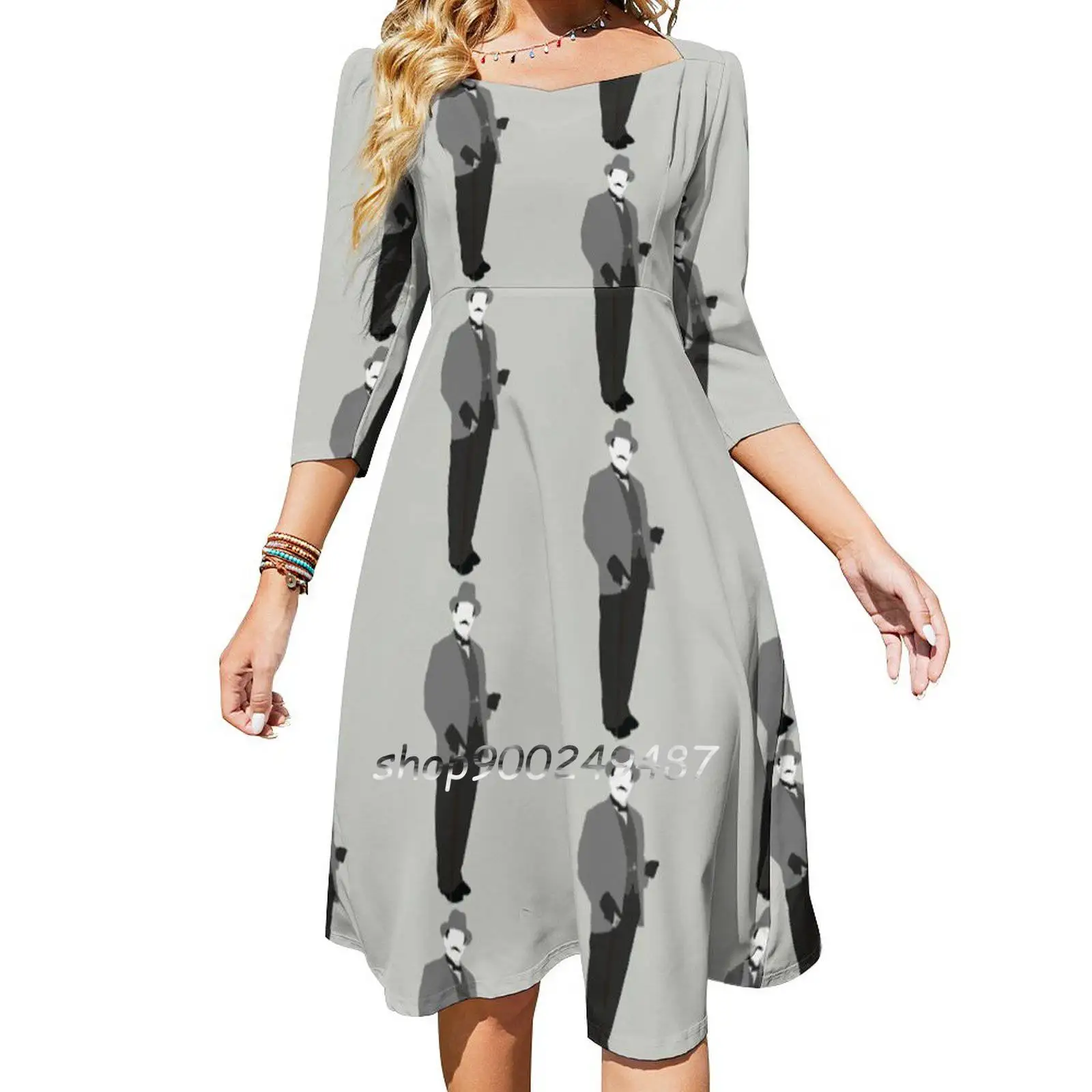 

Great Detectives-Hercule Poirot Square Neck Dress Sweet Summer Dress Women Elegant Halter Print Dress Great Detective