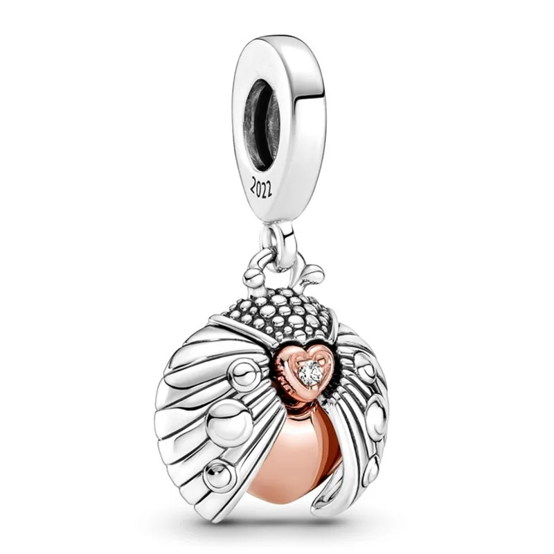 

Original Moments Club 2022 Ladybird & Heart Dangle Beads Charm Fit Pandora Women 925 Sterling Silver Bracelet Bangle Diy Jewelry