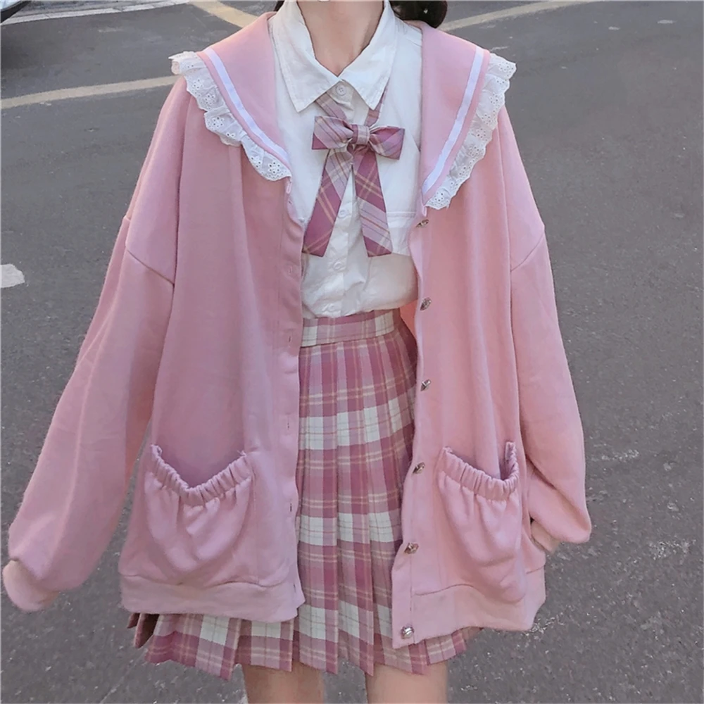 

Autumn sweet female hoodies loose hooded sailor collar lace cute flaps female zip up hoodies 2020 new