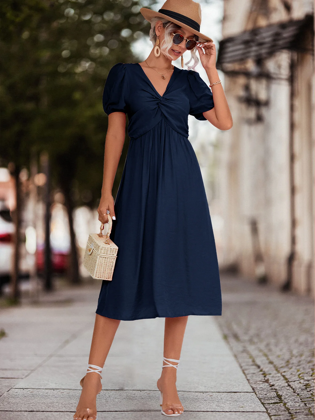 

2023 Spring Women Dress Solid Color Sexy V-Neck Short Sleeve Summer Beach Style Casual Elegant Fashion Female Vestido C4427
