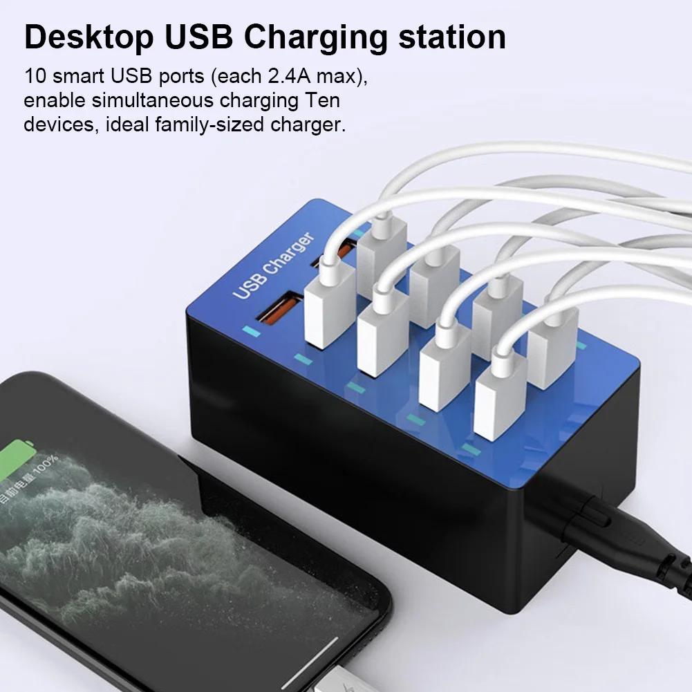 

50W Fast Charger Smart 10 Ports USB Charger 5V 2.4A Max 10A Travel Pocket Charger Cable for Samsung iPhone xiaomi Tablet